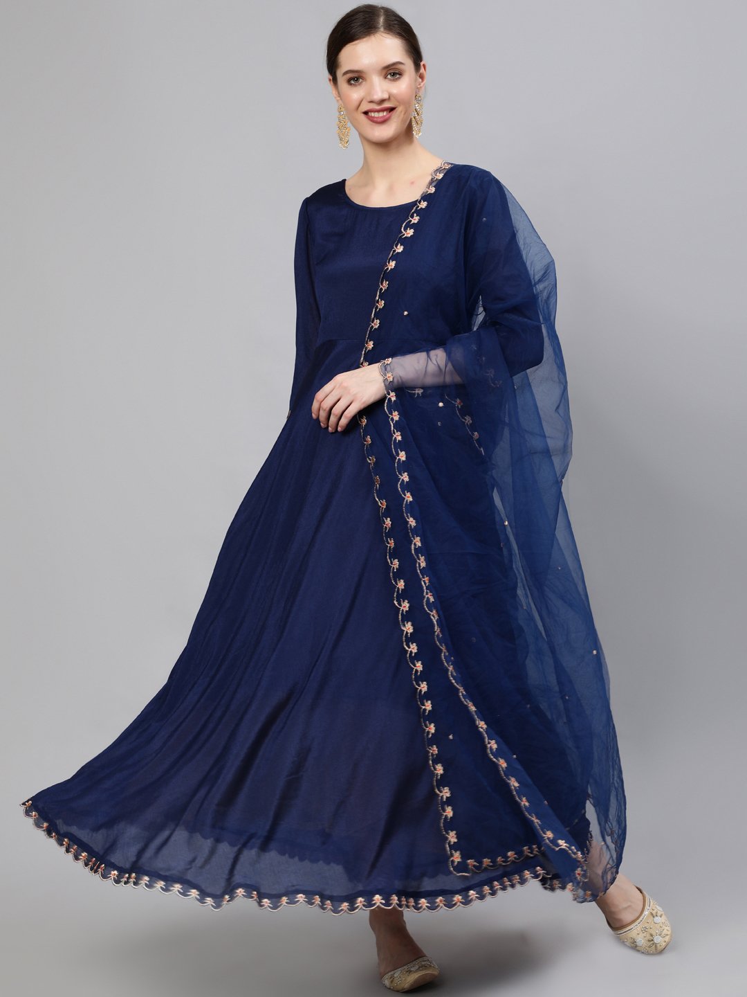 Women Navy Blue Embroidered Maxi Dress WIth Scalloped Dupatta