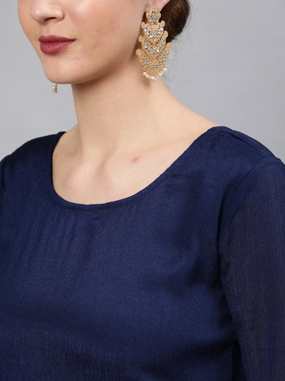 Women Navy Blue Embroidered Maxi Dress WIth Scalloped Dupatta