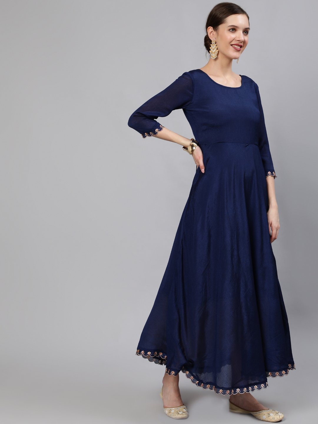 Women Navy Blue Embroidered Maxi Dress WIth Scalloped Dupatta