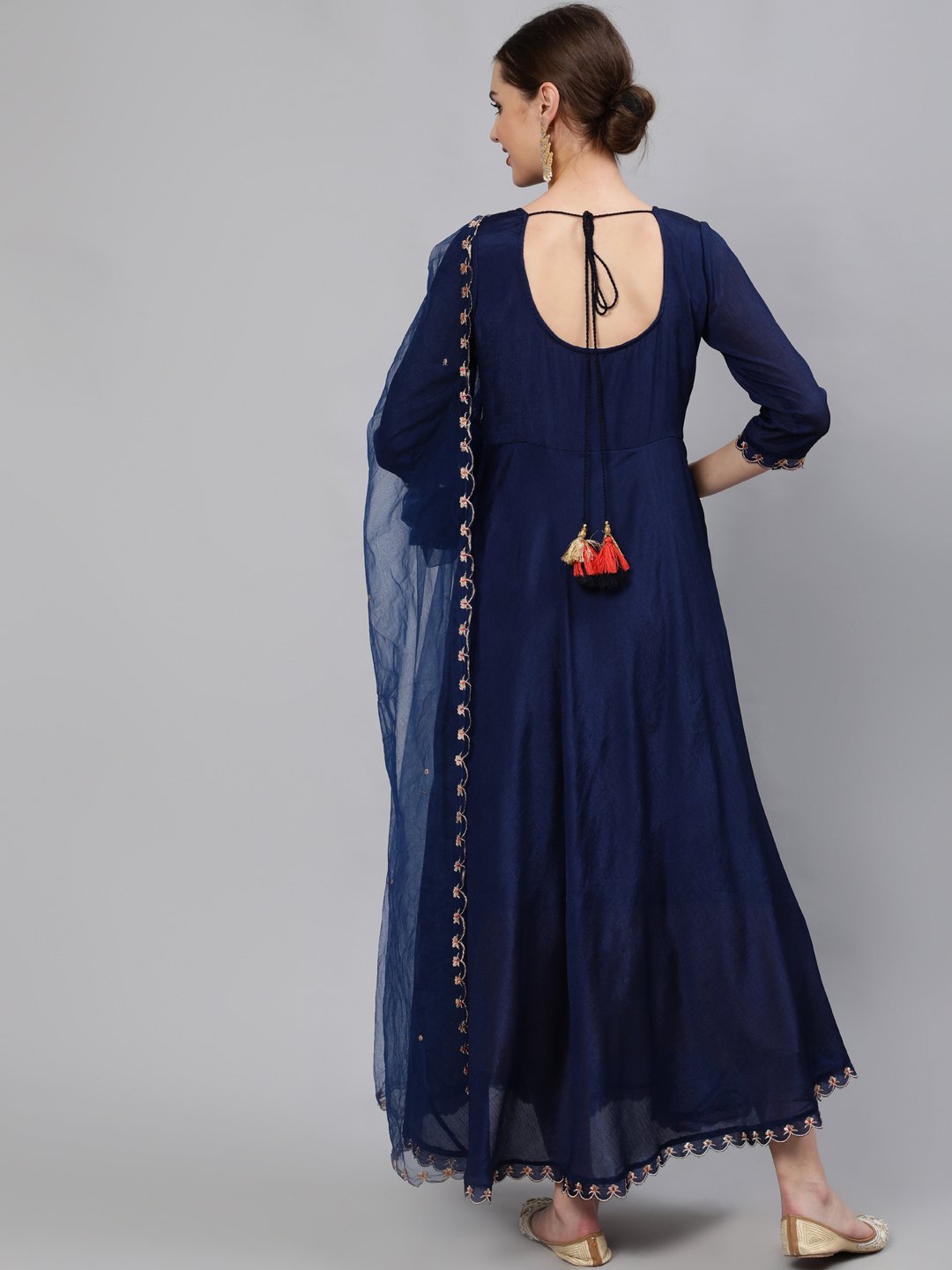 Women Navy Blue Embroidered Maxi Dress WIth Scalloped Dupatta