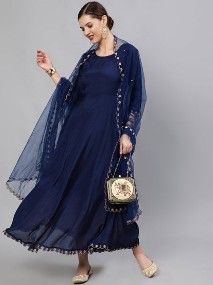 Women Navy Blue Embroidered Maxi Dress WIth Scalloped Dupatta