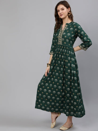 Women Green & Gold Printed Maxi Dress With Three Quarter Sleeves