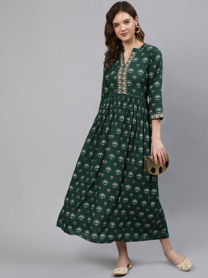 Women Green & Gold Printed Maxi Dress With Three Quarter Sleeves