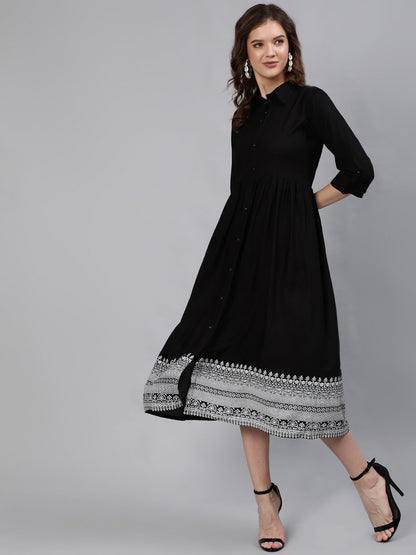 Women Black Midi Dress With Three Quarter Sleeves