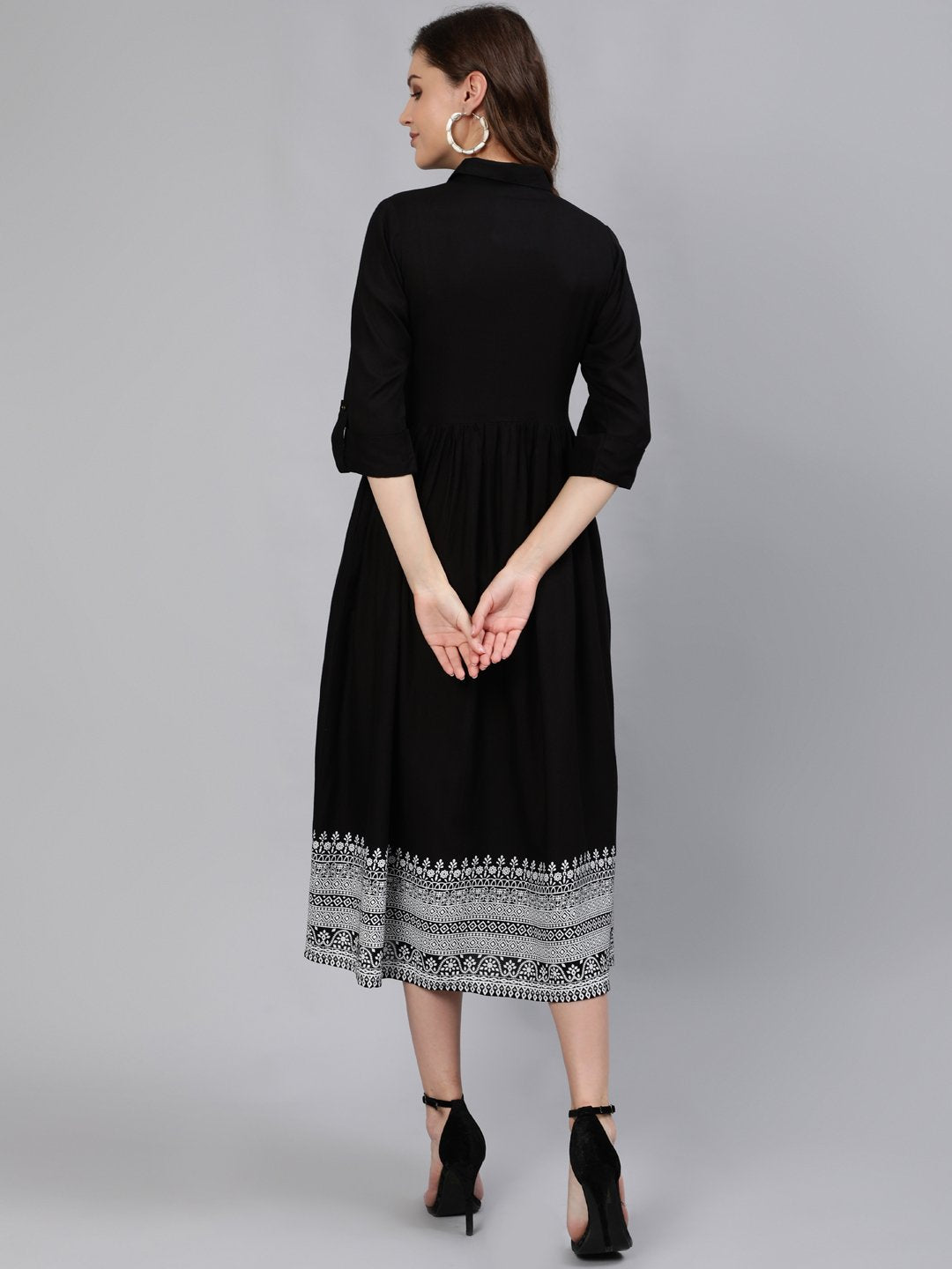 Women Black Midi Dress With Three Quarter Sleeves