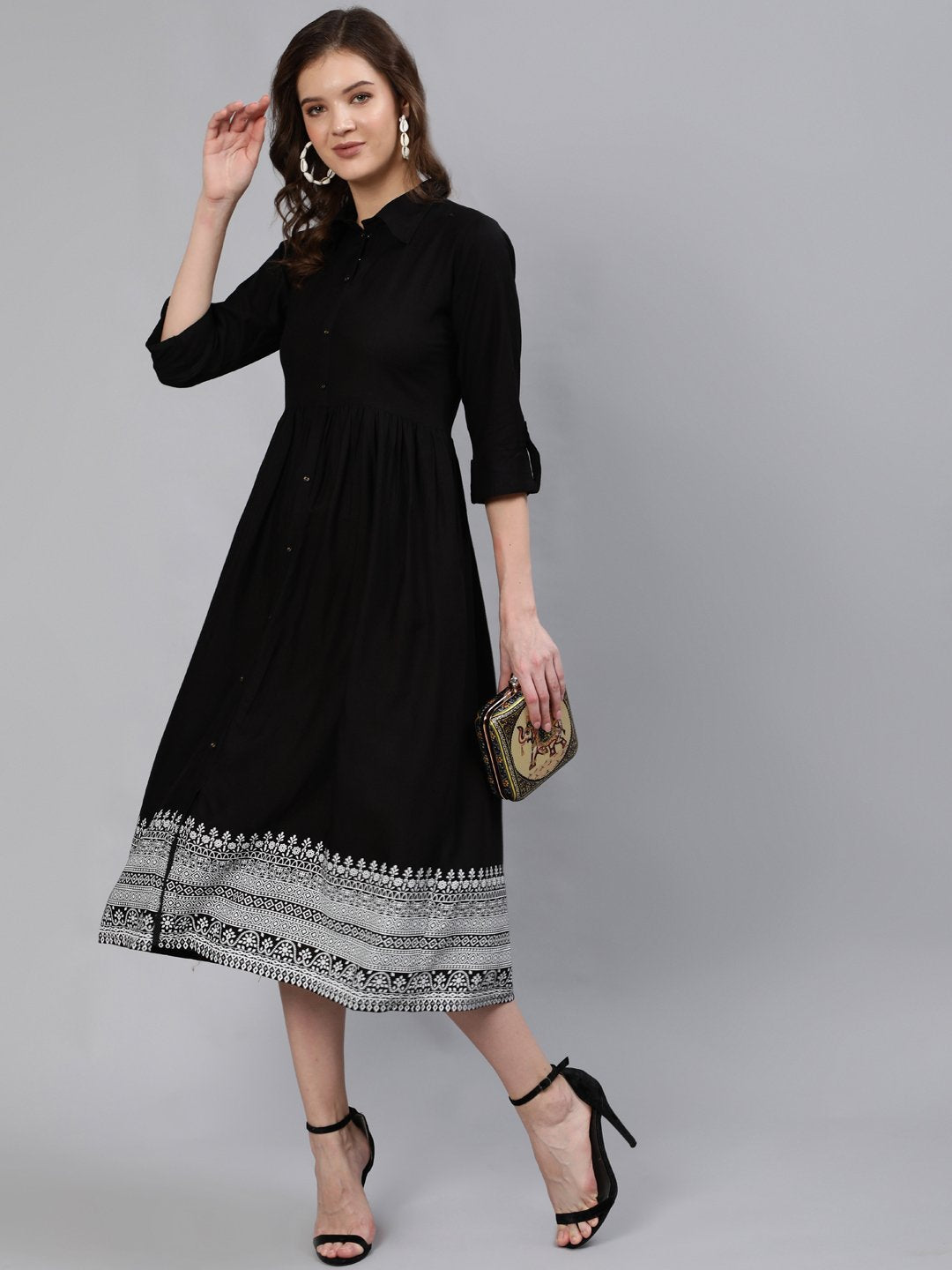 Women Black Midi Dress With Three Quarter Sleeves