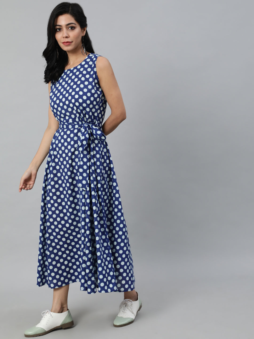 Women Blue Polka Dots Printed Sleeveless Dress With Toll Doei Details