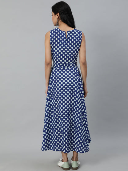 Women Blue Polka Dots Printed Sleeveless Dress With Toll Doei Details