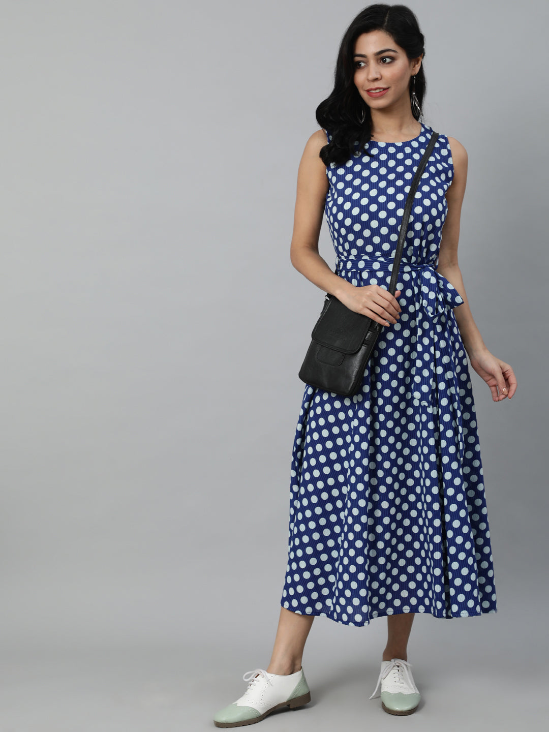 Women Blue Polka Dots Printed Sleeveless Dress With Toll Doei Details