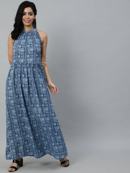 Women Blue Geometric Printed Sleeveless Maxi Dress