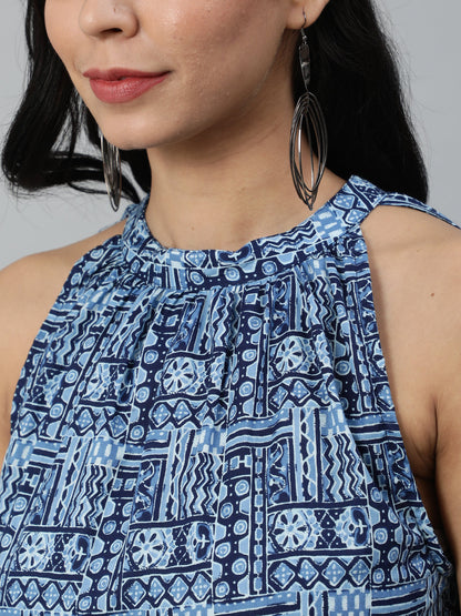 Women Blue Geometric Printed Sleeveless Maxi Dress