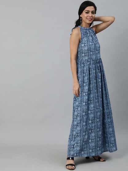 Women Blue Geometric Printed Sleeveless Maxi Dress