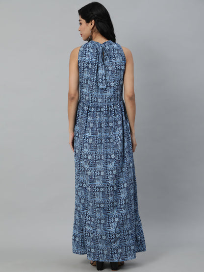 Women Blue Geometric Printed Sleeveless Maxi Dress