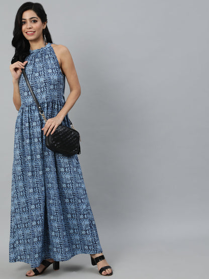 Women Blue Geometric Printed Sleeveless Maxi Dress