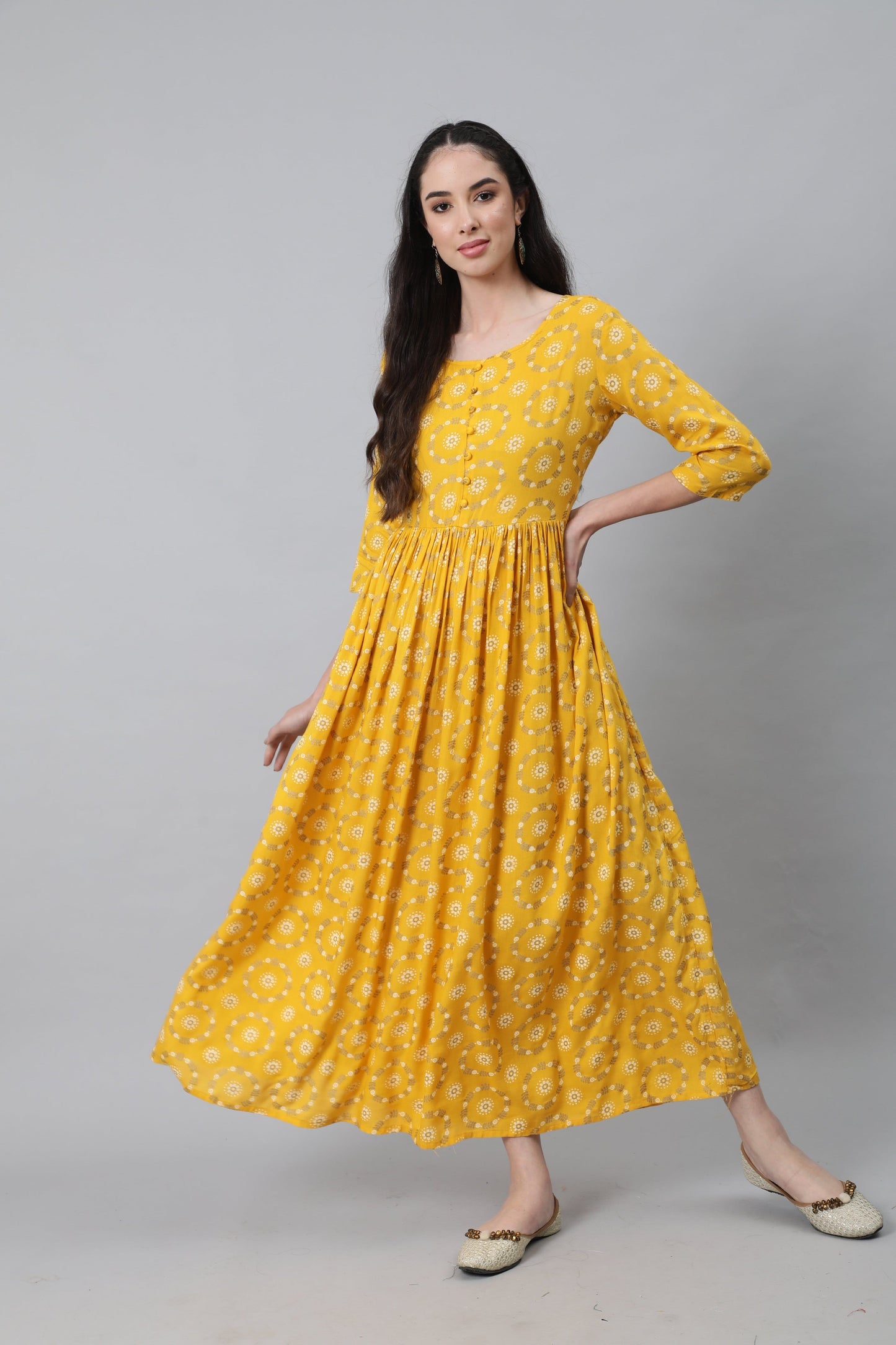 Women Yellow Ethnic Printed Flared Dress With Three Quarter Sleeves