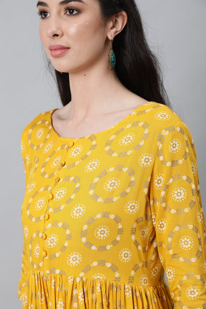 Women Yellow Ethnic Printed Flared Dress With Three Quarter Sleeves