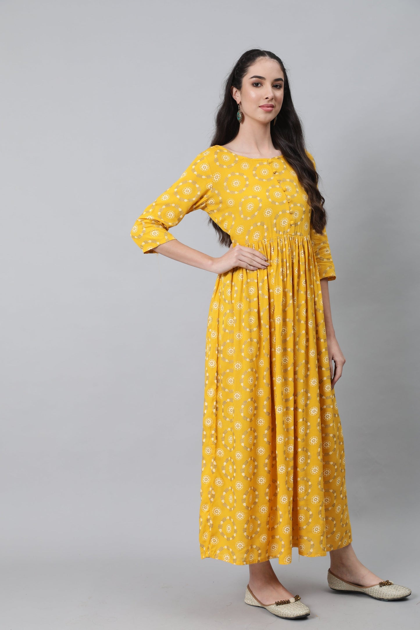 Women Yellow Ethnic Printed Flared Dress With Three Quarter Sleeves