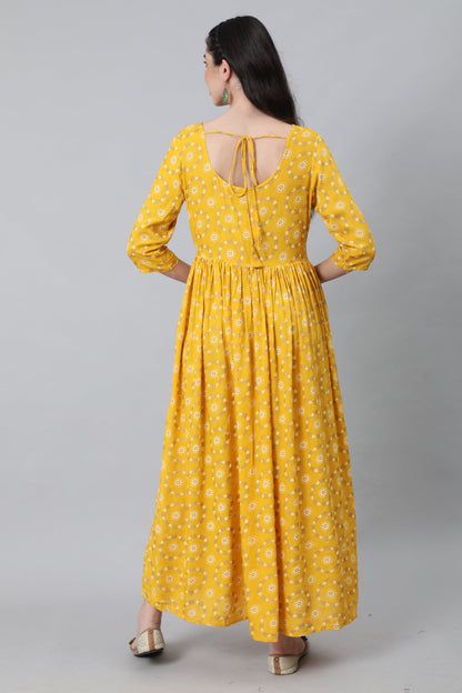 Women Yellow Ethnic Printed Flared Dress With Three Quarter Sleeves