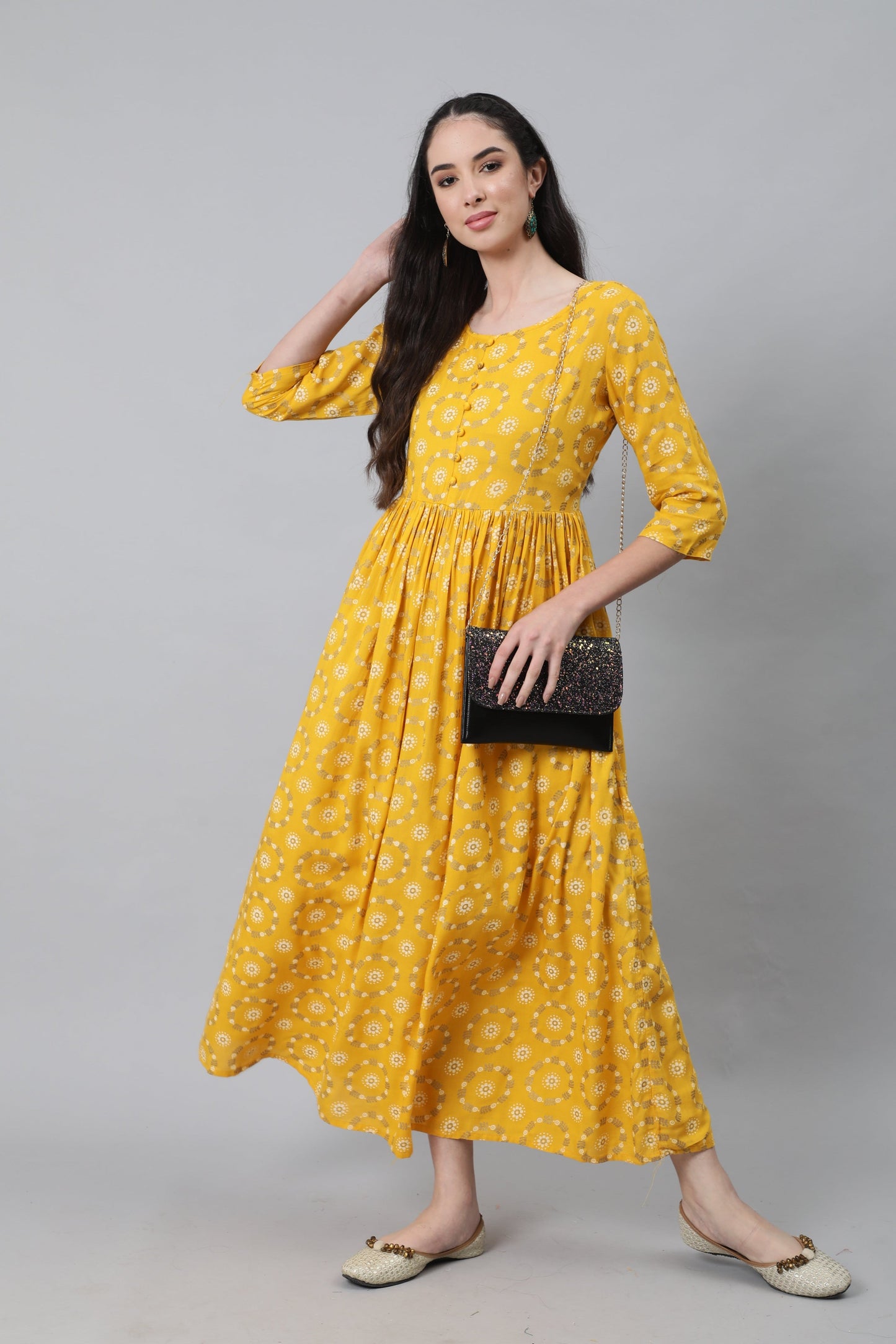 Women Yellow Ethnic Printed Flared Dress With Three Quarter Sleeves