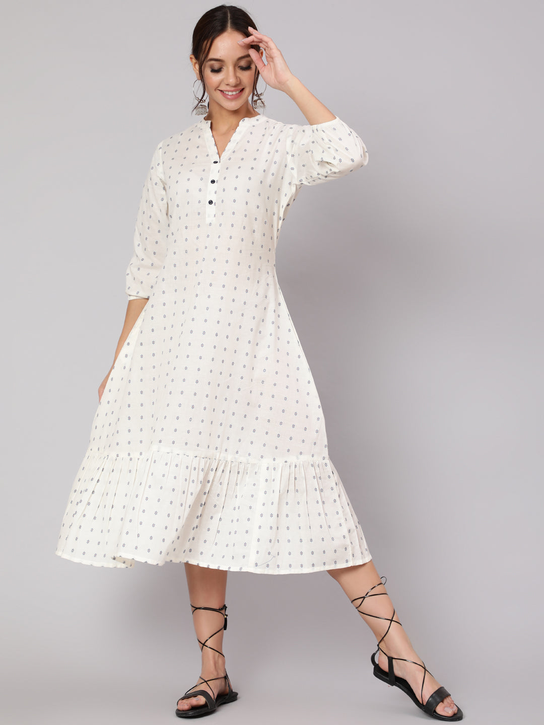 White Ethnic Printed Gathered Dress With Three Quarter Sleeves