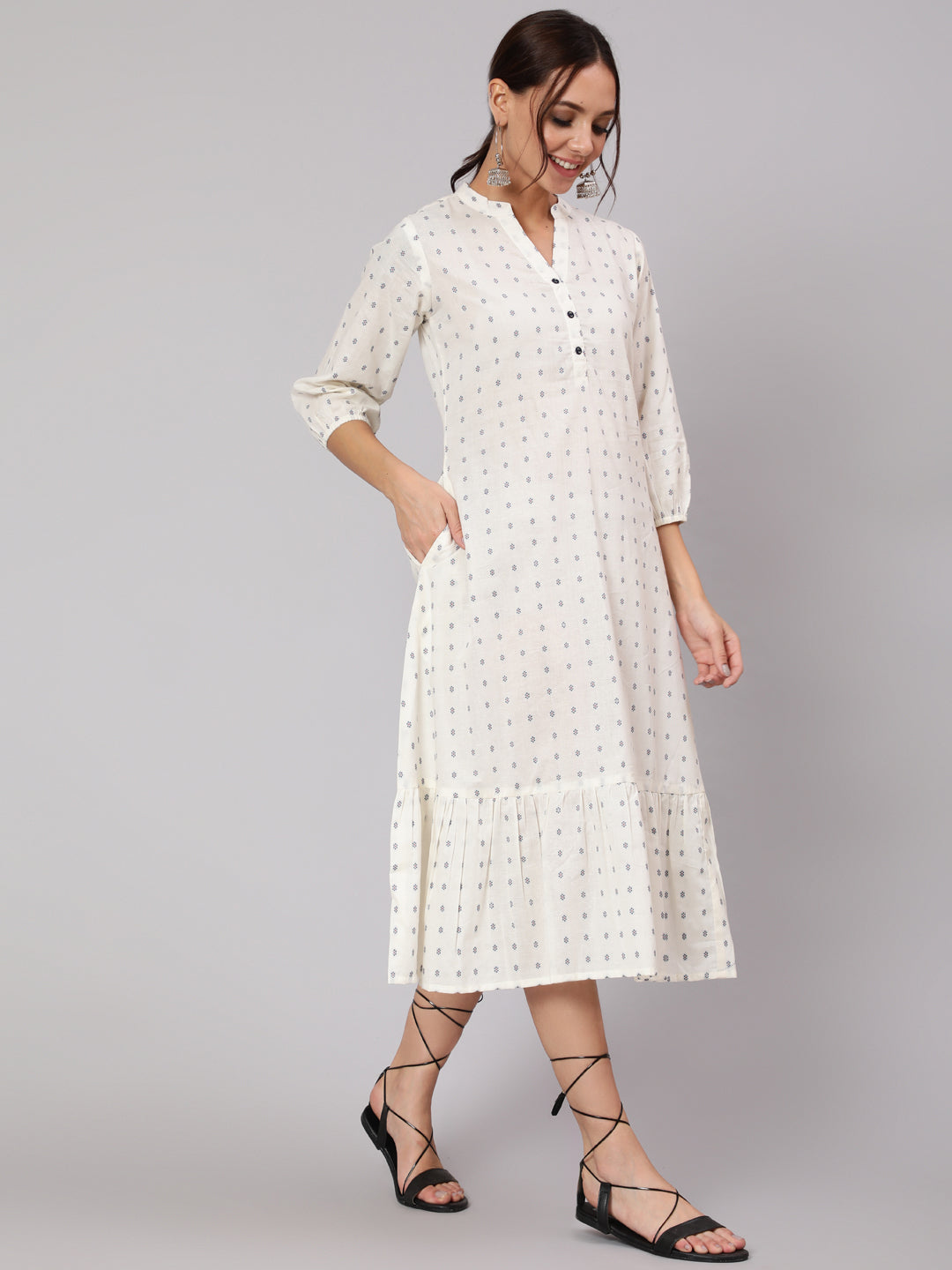 White Ethnic Printed Gathered Dress With Three Quarter Sleeves