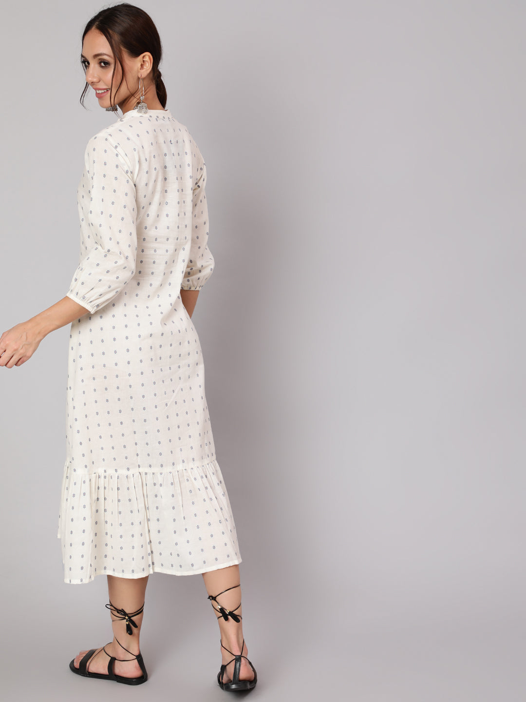 White Ethnic Printed Gathered Dress With Three Quarter Sleeves