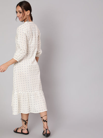 White Ethnic Printed Gathered Dress With Three Quarter Sleeves