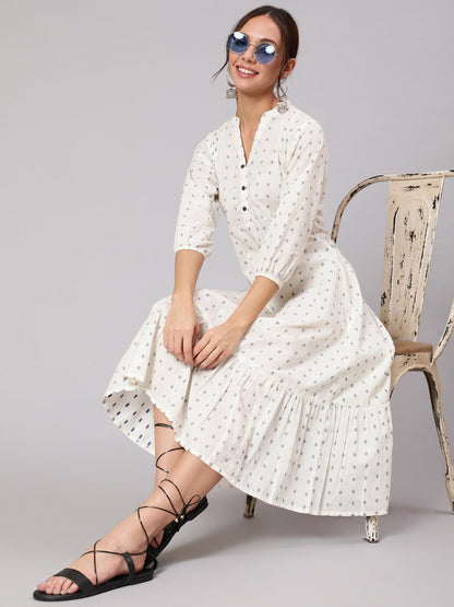 White Ethnic Printed Gathered Dress With Three Quarter Sleeves