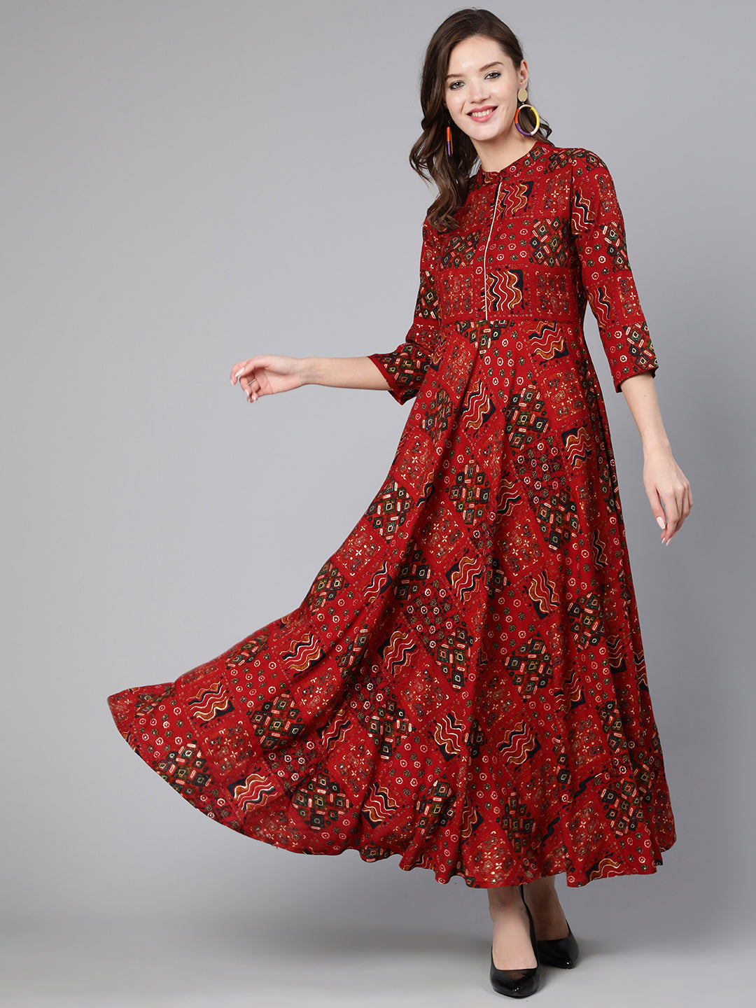 Red Ethnic Printed Flared Dress