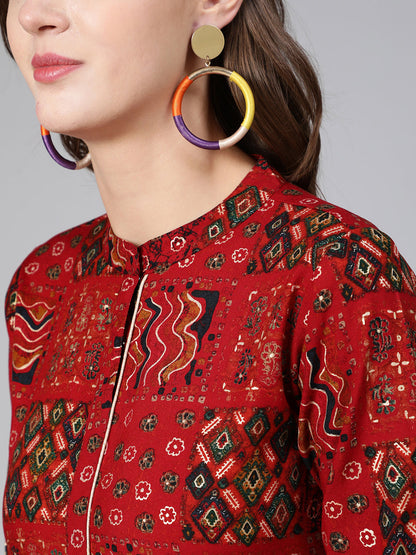 Red Ethnic Printed Flared Dress