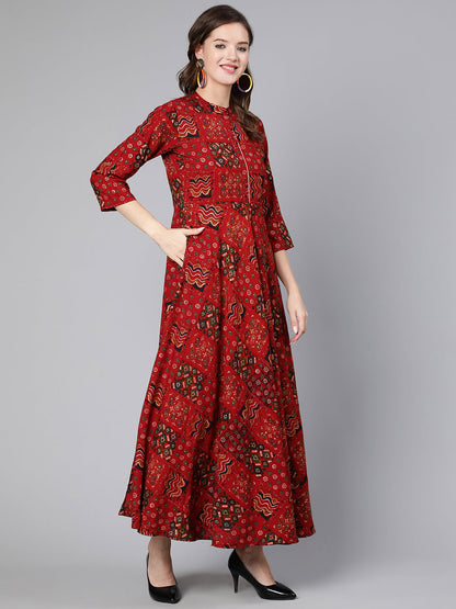 Red Ethnic Printed Flared Dress