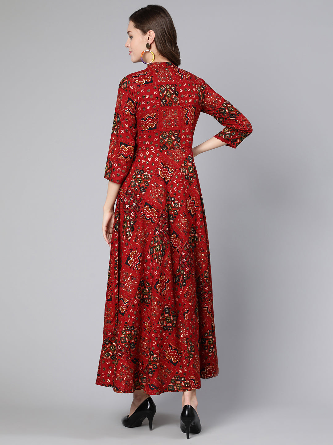 Red Ethnic Printed Flared Dress