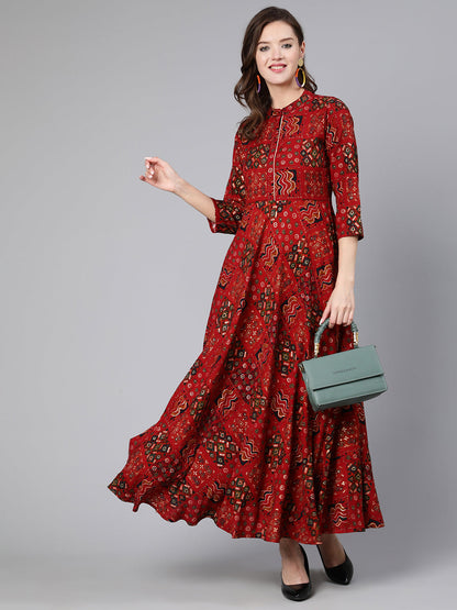 Red Ethnic Printed Flared Dress