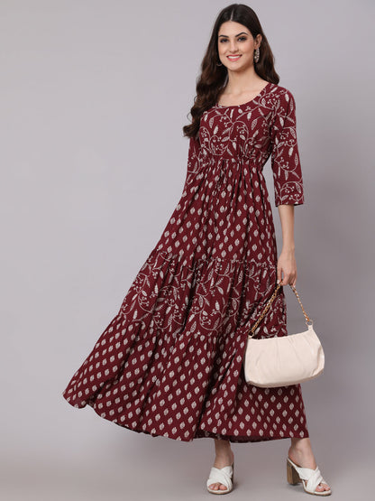 Burgundy Ethnic Printed Flared Dress With Three Quarter Sleevs