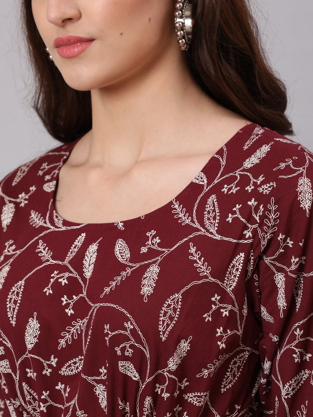 Burgundy Ethnic Printed Flared Dress With Three Quarter Sleevs