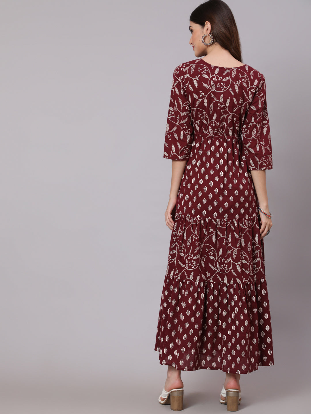 Burgundy Ethnic Printed Flared Dress With Three Quarter Sleevs