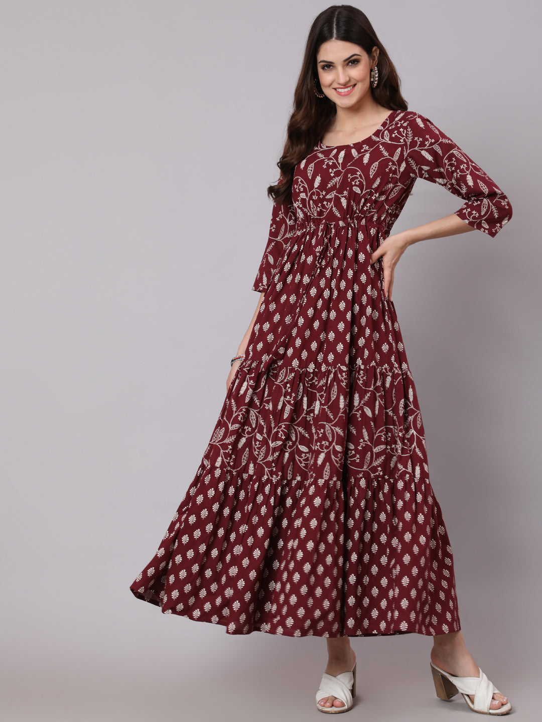 Burgundy Ethnic Printed Flared Dress With Three Quarter Sleevs