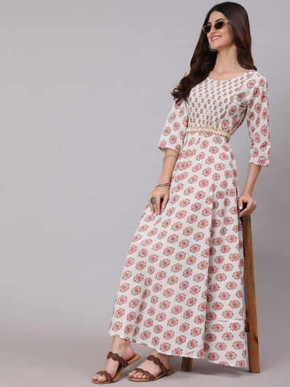 White & Pink Ethnic Printed Dress With Three Quarter Sleeves