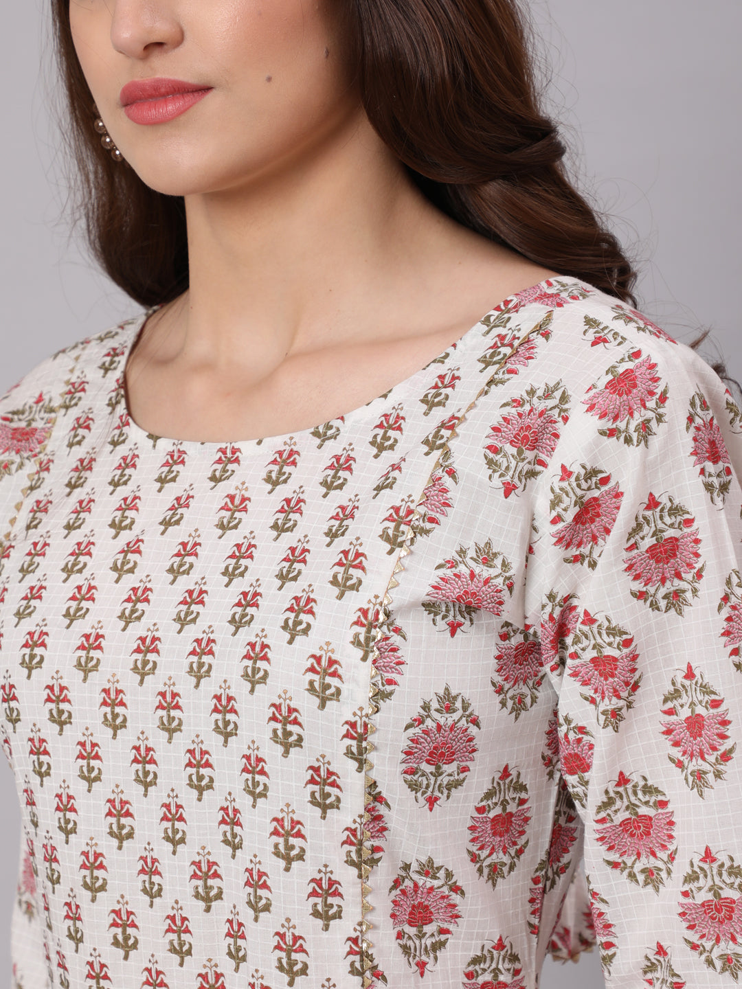 White & Pink Ethnic Printed Dress With Three Quarter Sleeves