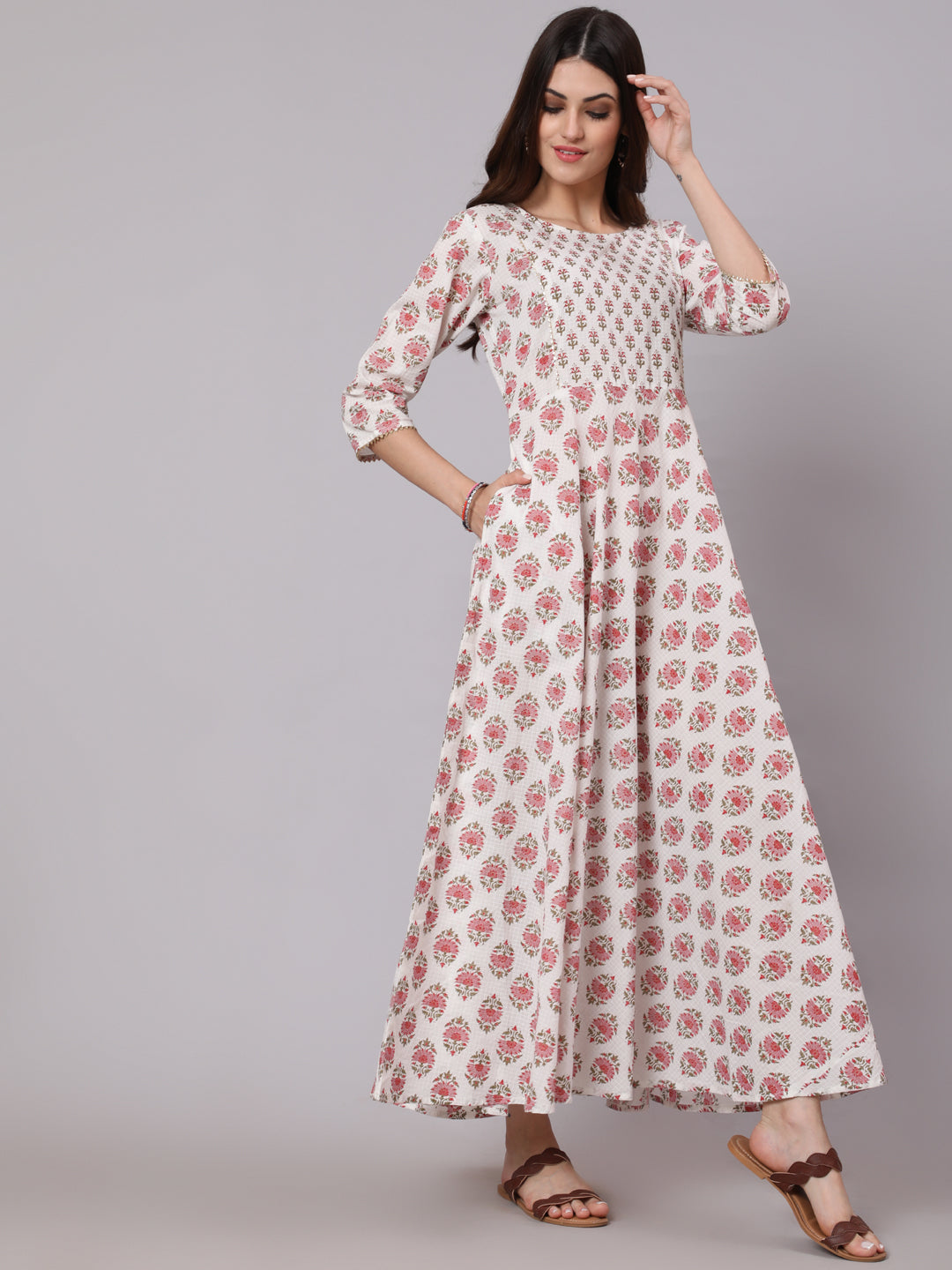 White & Pink Ethnic Printed Dress With Three Quarter Sleeves