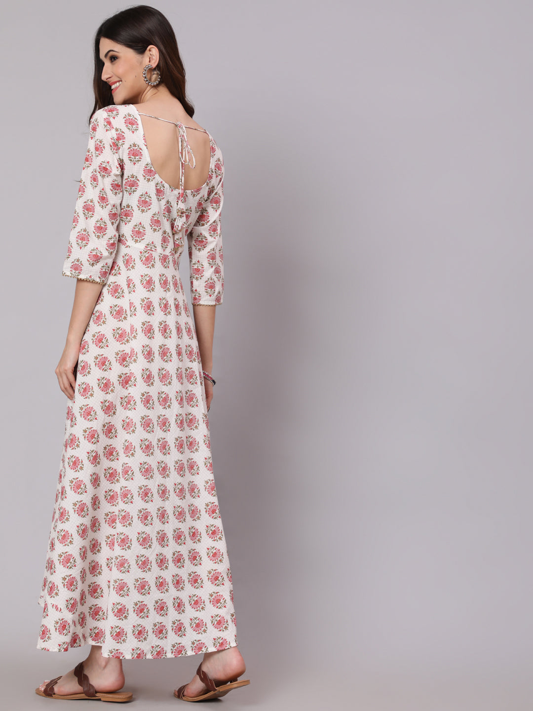 White & Pink Ethnic Printed Dress With Three Quarter Sleeves