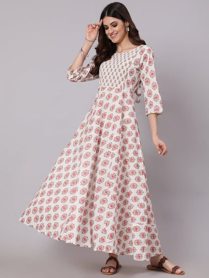 White & Pink Ethnic Printed Dress With Three Quarter Sleeves