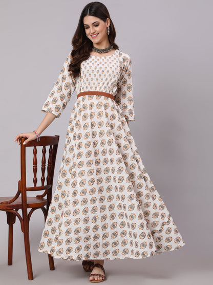 White Ethnic Printed Gathered Dress With Three Quarter Sleeves