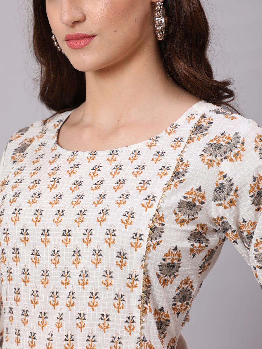 White Ethnic Printed Gathered Dress With Three Quarter Sleeves