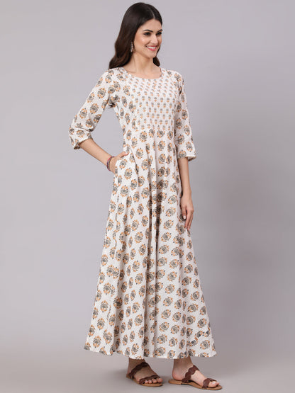 White Ethnic Printed Gathered Dress With Three Quarter Sleeves