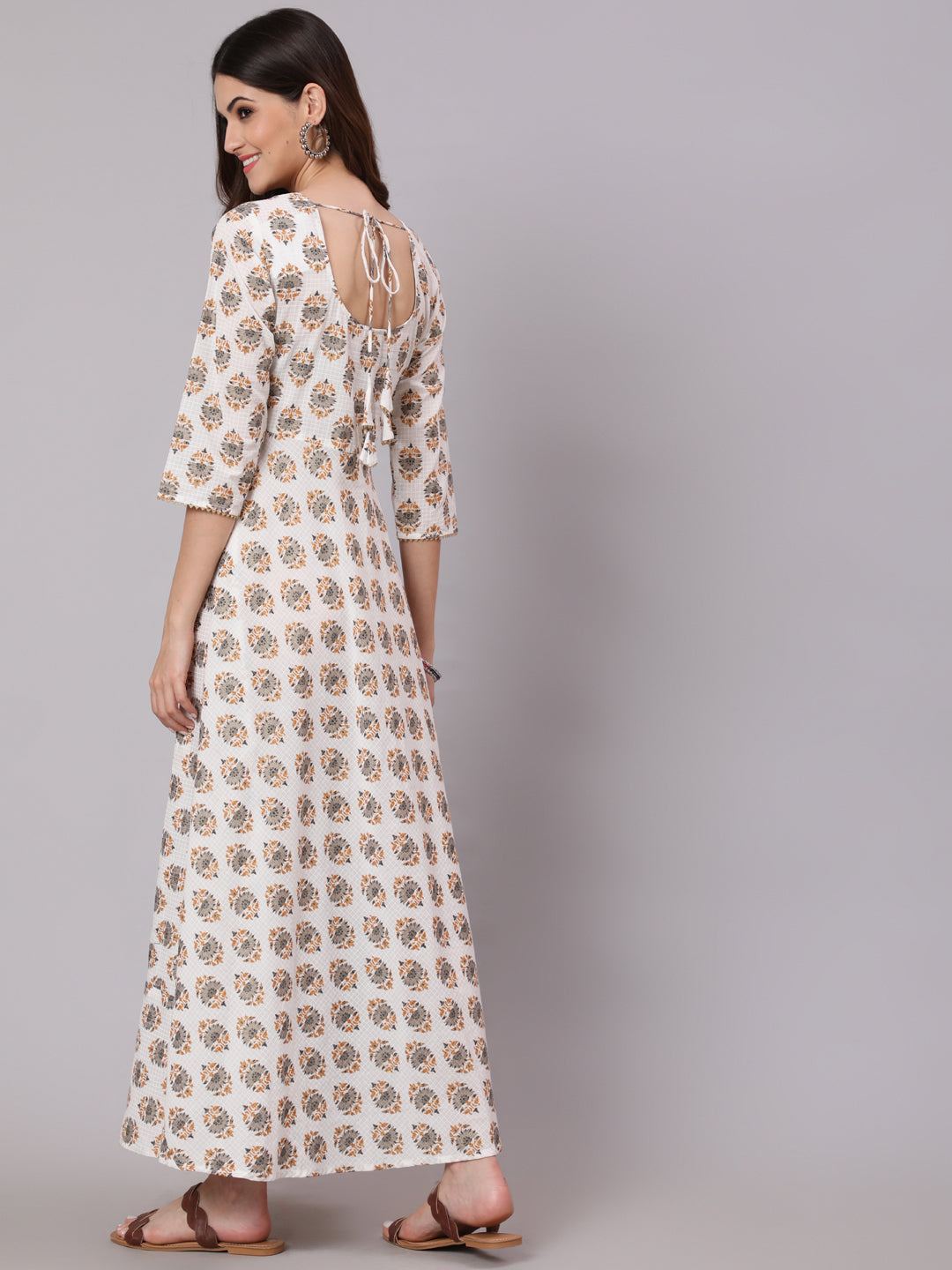 White Ethnic Printed Gathered Dress With Three Quarter Sleeves