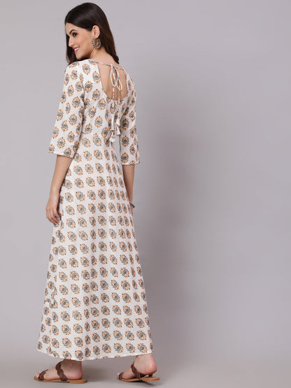 White Ethnic Printed Gathered Dress With Three Quarter Sleeves