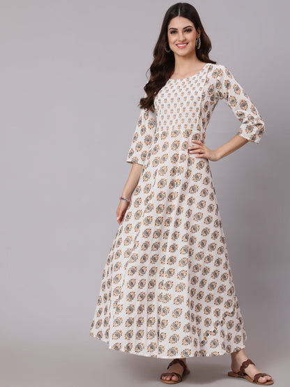 White Ethnic Printed Gathered Dress With Three Quarter Sleeves