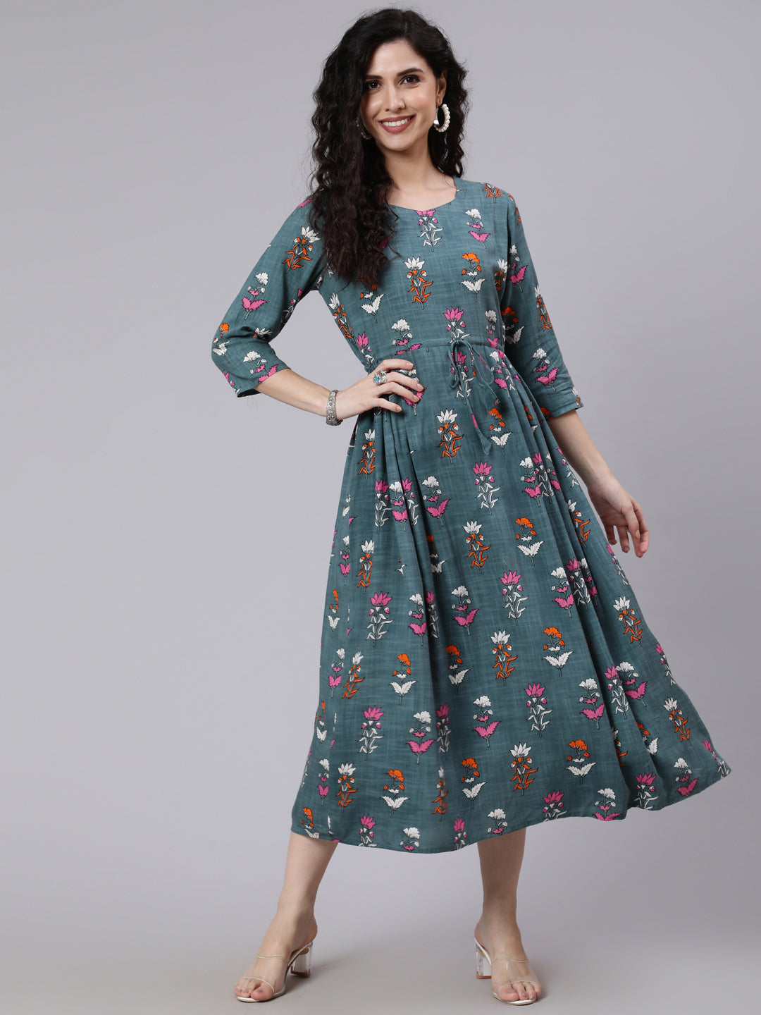 Green Floral Printed Flared Dress