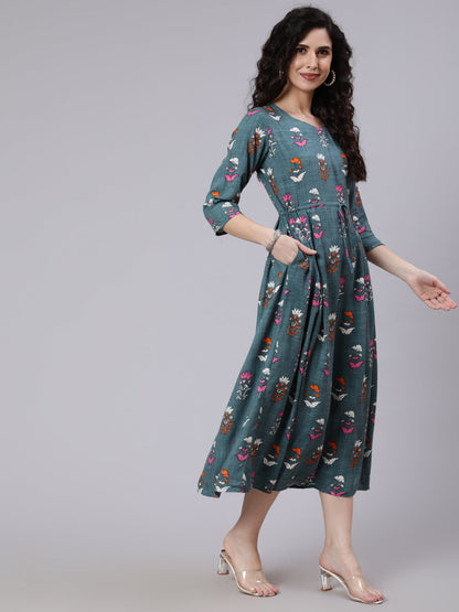 Green Floral Printed Flared Dress